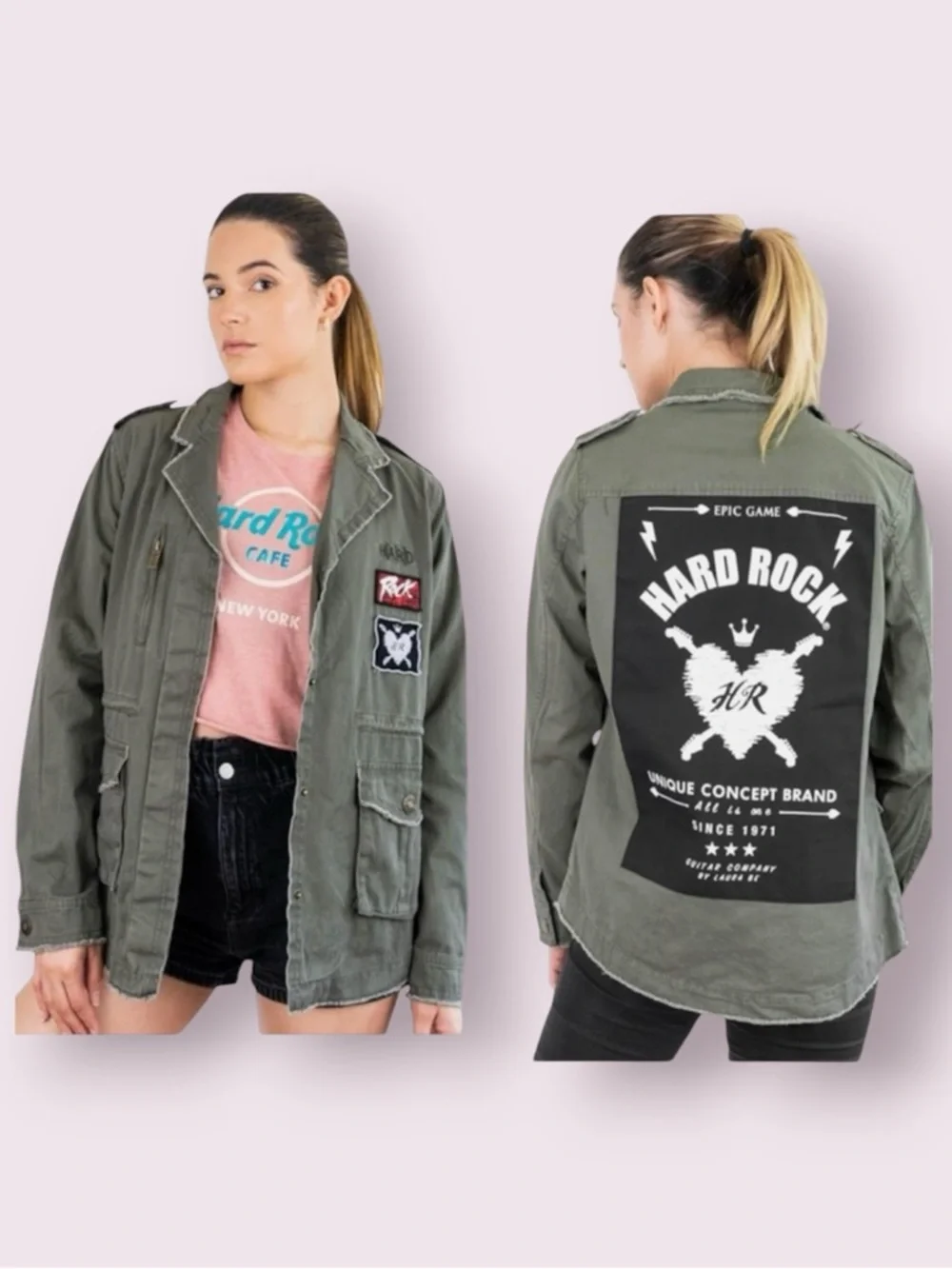 Hard Rock Laura Be Military Army Jacket With Patches Green Size Small